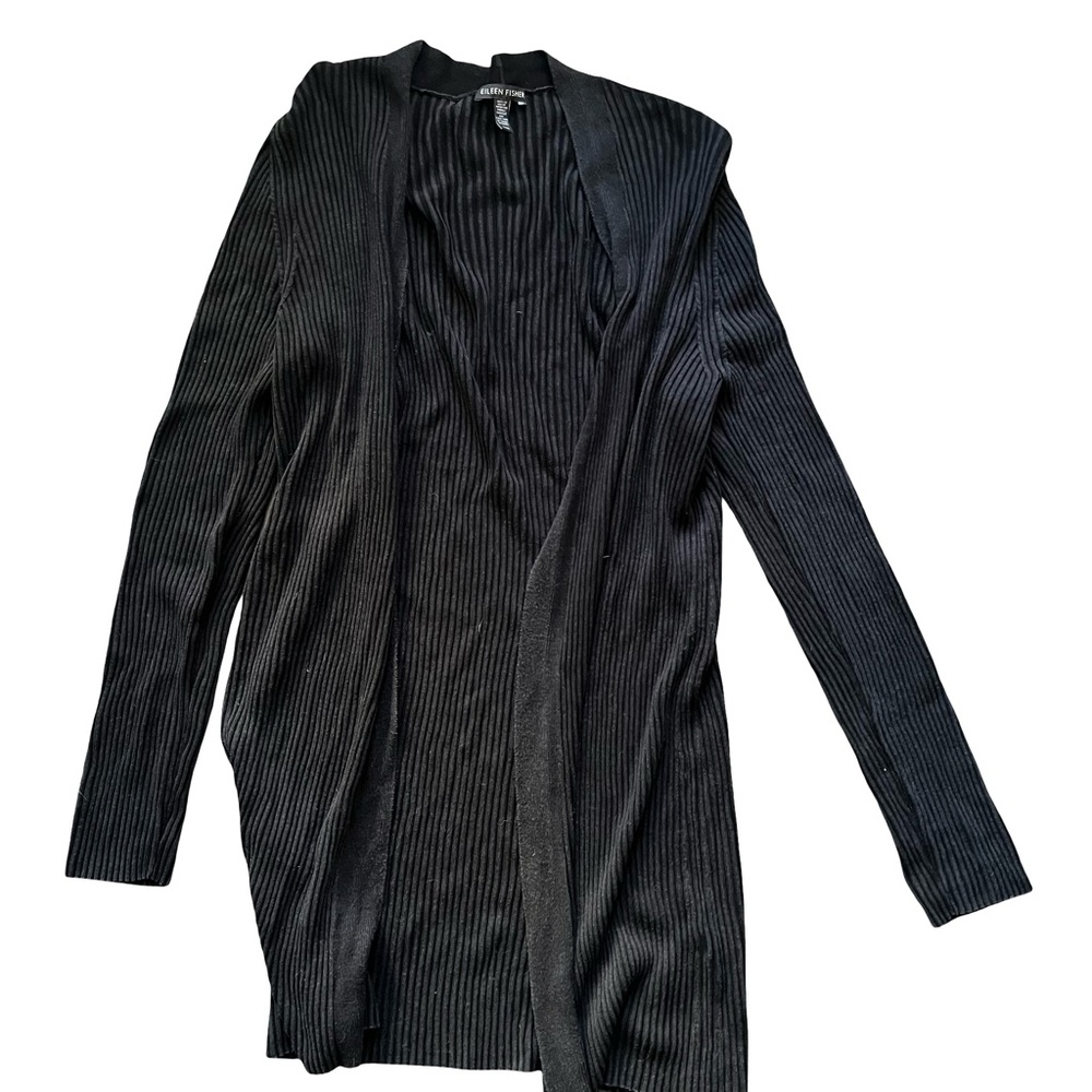 Eileen Fisher Open Front Black Ribbed Knit Texture Cardigan Medium